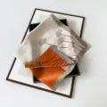 Satin silk square scarf with elegant ginkgo leaf print, orange and beige chic thin neckerchief. - L7213-Ginkgo Leaf Orange