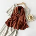 Terracotta brown pleated solid color long scarf with a soft cotton-linen feel texture - Coffee