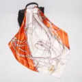 Luxury satin silk square scarf 90cm, elegant orange and white belt print shawl for women. - D9038-Orange-Yellow