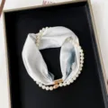 Detail view of stylish pearl necklace silk scarf with magnetic clasp for women fashion outfits. - PC3682-Blue Sea of Clouds