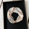 Silk scarf with pearl magnetic buckle and cute bear print, elegant neckerchief necklace for women. - PC3682-Beige Bear