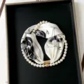 Detail view of stylish silk scarf with pearl magnetic necklace, elegant black and white print. - PC3682-Creamy White Chinese Rose