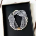 Chic black and white printed silk scarf with elegant pearl necklace and golden magnetic clasp. - PC3682-Woven Texture