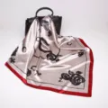90cm satin imitation silk large square scarf for women, elegant floral and geometric print. - D9021-Red Edge