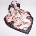 Women 90cm Large Square Silk Scarf Vintage Carriage Print Satin Shawl Fashion Wrap - D9027-Navy Blue