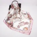 Elegant 90cm satin silk square scarf with vintage carriage and tassel print for women. - D9027-Pink