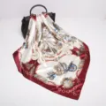 Elegant 90cm women silk scarf vintage carriage printed square shawl for spring autumn - D9027-Wine Red
