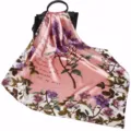 Elegant 90cm satin silk square scarf with floral print and English text for women. - D9028-Pink
