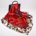 Red satin silk square scarf with floral print and English text, 90cm women shawl wrap. - D9028-Red