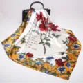 Luxury 90cm satin silk square scarf with elegant botanical floral print and script design. - D9028-Yellow