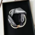 Pearl silk scarf necklace black white striped fabric chic jewelry accessory stylish woman choker - PC3682-Black & White Stripes