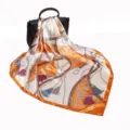Luxury 90cm satin silk square scarf with elegant equestrian belt and tassel print design. - D9033-Orange