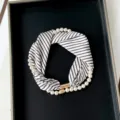 Elegant black and white striped silk scarf with pearl necklace and magnetic clasp for women. - PC3682-White Diagonal Stripes