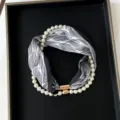 Black and white printed silk scarf pearl necklace with gold magnetic clasp, elegant fashion variant. - PC3682-Black Feathers