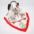 Large 90cm square silk satin scarf with nautical ship print and red border for women fashion. - D9036-Red