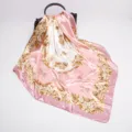 Pink satin silk square scarf with elegant floral and carriage print for women luxury gift. - D9037-Pink