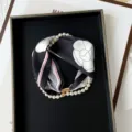 Camellia floral print silk scarf paired with elegant pearl magnetic clasp necklace set. - PC3682-Black & White Camellia