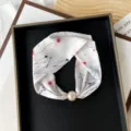 Floral print silk scarf with pearl magnetic buckle, stylish accessory for daily outfits. - PC3683-White Small Flower