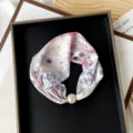 Floral print small silk scarf with pearl buckle for women elegant neckwear accessory - PC3683-Blue and Pink Flower