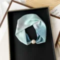 Chic spring summer silk scarf with pearl magnetic buckle, elegant printed neck accessory. - PC3683 - Crane Blue-Green