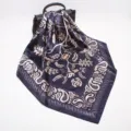 Navy blue satin silk square scarf 90cm, elegant floral paisley print fashion women shawl. - D9065-Black
