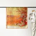 Detailed view of 90cm satin square scarf featuring autumn floral print and vibrant colors. - Fragrance of Flowers
