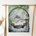 Women summer ink painting long silk scarf elegant landscape shawl sun protection wrap - Jiangnan Courtyard