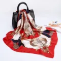 Elegant 90cm square satin silk scarf with classic baroque chain and plaid print design. - D9032 - Red