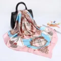 Elegant 90cm satin square scarf with classic plaid and chain print for women's daily fashion. - D9032 - Pink