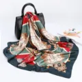 Elegant 90cm square silk satin scarf with luxury chain and plaid print for women. - D9032 - Green