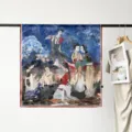 90cm satin square scarf with traditional Chinese court lady art print elegant vintage women head wrap - Chinese Vintage Style
