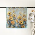 Artistic oil painting floral silk scarf detail shot, elegant blue and yellow design. - Yellow Flower Blue Edge