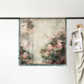 Luxury 90cm satin silk square scarf featuring elegant Chinese landscape floral print for women. - Peach Blossom Village