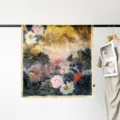 Detailed view of the 90cm satin square silk scarf featuring an elegant floral landscape print. - Spring Scenery