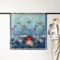 90cm floral print satin square scarf, elegant blue silk headscarf for women's daily styling. - Traditional Peony