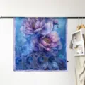 Exquisite blue purple peony print square scarf detail view, elegant satin texture accessory. - Blue Peony