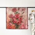 Elegant oil painting rose floral print square scarf, premium silky satin material detail. - Red Rose