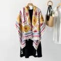 Detail shot of ethnic geometric print women's shawl, lightweight bohemian boho scarf design. - White Tea