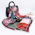 Luxury 90cm Silk Scarf Women Horse Chain Print Satin Headwear Elegant Shawl Wrap - D9030-Khaki