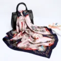 Elegant 90cm satin silk scarf with vintage chain and crest print, perfect luxury accessory. - D9027-Navy Blue