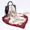Luxury 90cm square satin silk scarf featuring vintage carriage and chain print for women. - D9027-Wine Red