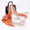 90cm Silk Feel Satin Scarf Women Equestrian Chain Print Square Headband Fashion Shawl - D9038-Orange-Yellow
