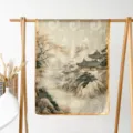 Chinese landscape silk scarf, elegant satin shawl with hollow print, traditional pavilion art. - Pavilion