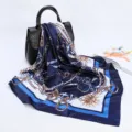 Women silk satin scarf 90cm large square shawl with luxury chain horse print for elegant daily wear - D9031-Navy Blue
