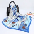 Blue white silk satin scarf detail, elegant chain and tassel print, perfect accessory for chic look. - D9033-Blue