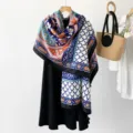 Ethnic style paisley printed lightweight sunscreen shawl scarf detail view, blue orange multi design. - Morning Glory Black
