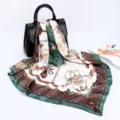 90cm womens silk feel satin scarf luxury chain print square headscarf elegant large shawl - D9035-Green
