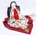 90cm satin silk scarf with chain and belt print, elegant women square shawl headscarf detail. - D9035-Red