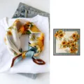 Elegant silk square scarf with sunflower print, premium mulberry silk neckerchief for women. - Sunflower