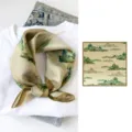 Chinese style landscape print silk small square scarf, elegant flat lay detail view. - Thousands of Miles of Rivers and Mountains